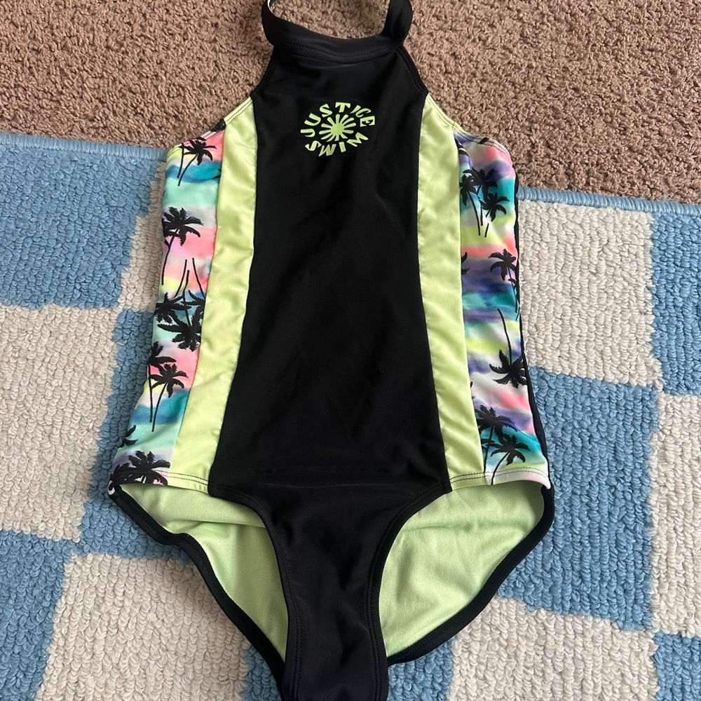 Justice Black & Neon Green Palm-Print One-Piece Swimsuit